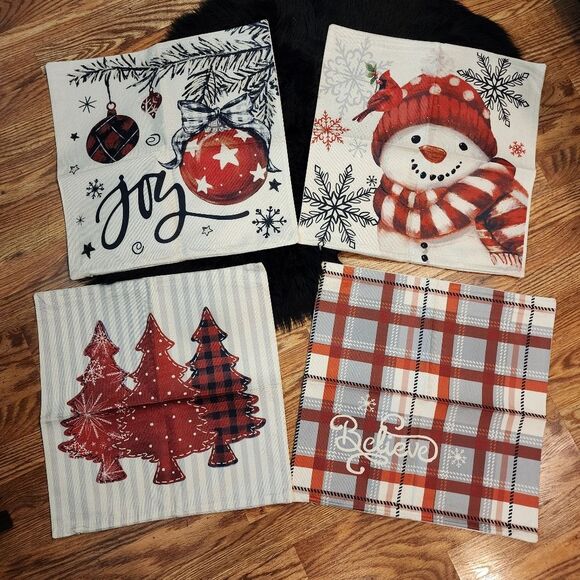 Set of 4 Throw Pillow Covers Snowman, Joy, Believe, Christmas Trees 18"x18" - Picture 8 of 14